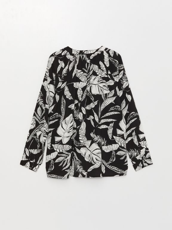 Henley Neckline Patterned Long Sleeve Women's Blouse