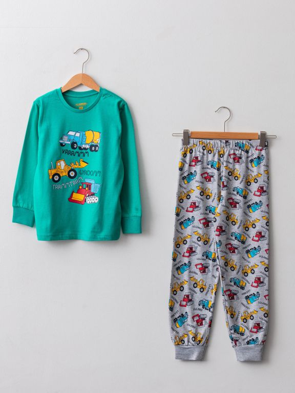Crew Neck Printed Long Sleeve Boy Pajama Set