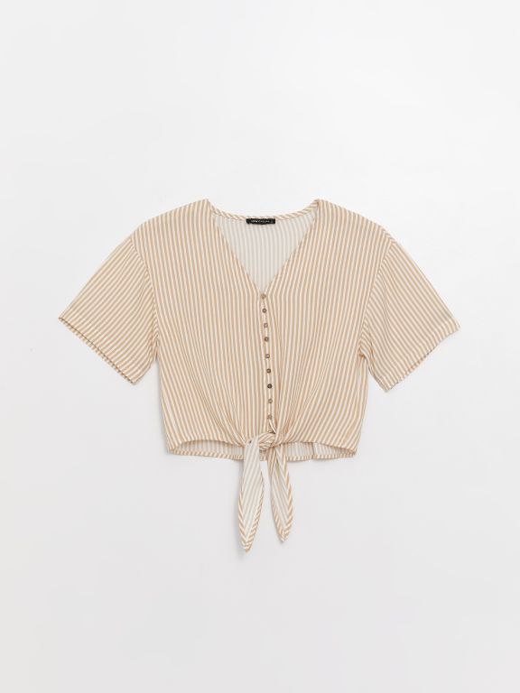 V-Neck Striped Short Sleeve Oversize Women's Blouse