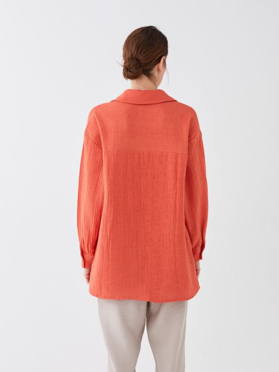 Shirt Collar Straight Long Sleeve Oversize Muslin Women's Tunic