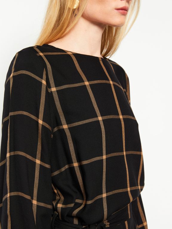Crew Neck Plaid Long Sleeve Gabardine Women Shirt Dress