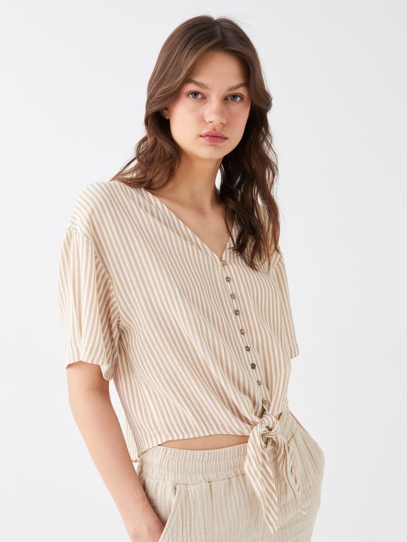 V-Neck Striped Short Sleeve Oversize Women's Blouse