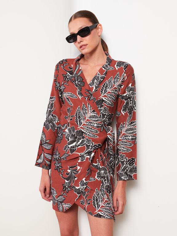 Double Breasted Collar Patterned Long Sleeve Women's Dress
