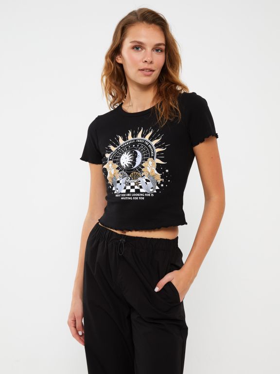 Crew Neck Printed Short Sleeve Women's Crop