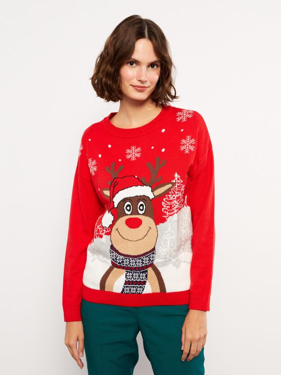 Crew Neck Printed Long Sleeve Women's Tricot Sweater