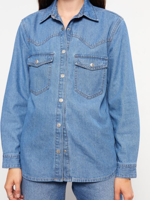 Front Button Closure Straight Long Sleeve Women's Jean Shirt