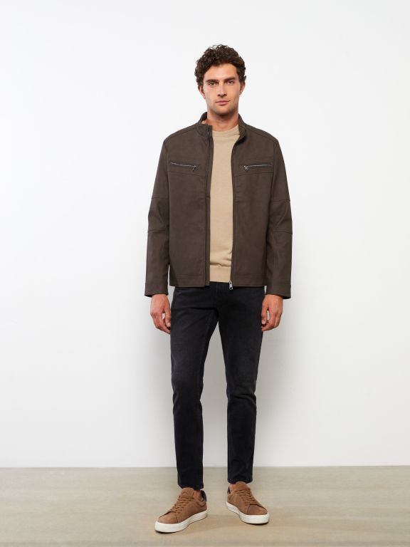 Standard Fit Turtle Neck Men's Faux Leather Jacket