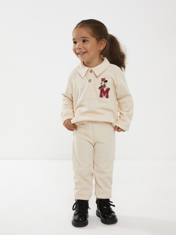 Polo Neck Long Sleeve Minnie Mouse Printed Baby Girl T-shirt and Trousers 2-Pack Set