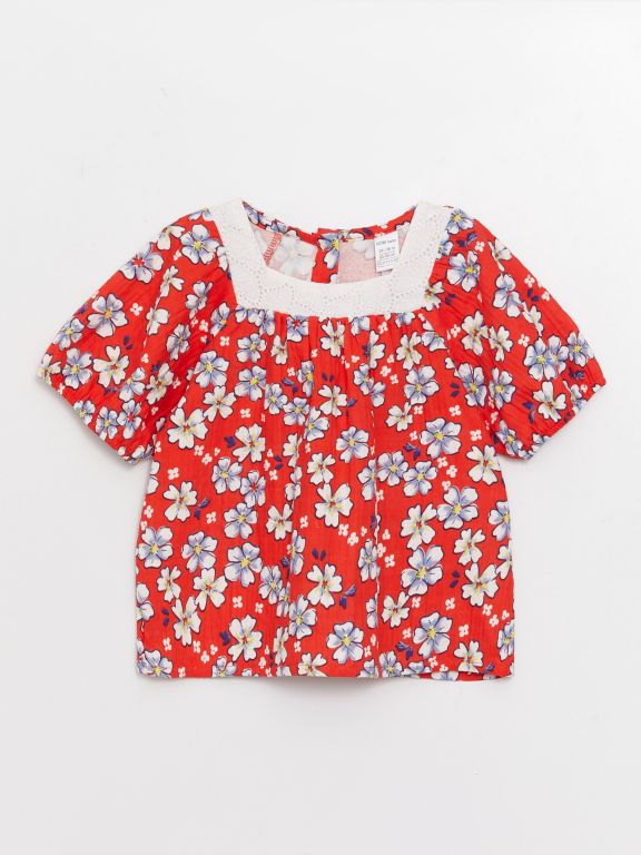 Square Collar Short Sleeve Patterned Baby Girl Blouse and Pants 2-Pack Set
