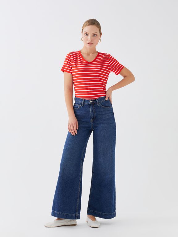 V Neck Striped Short Sleeve Women T-Shirt