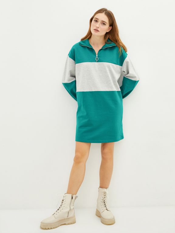 Turtle Neck Long Sleeve Women's Dress with Color Block