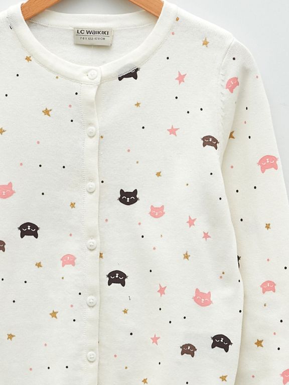 Crew Neck Patterned Long Sleeve Girl Tricot Cardigan