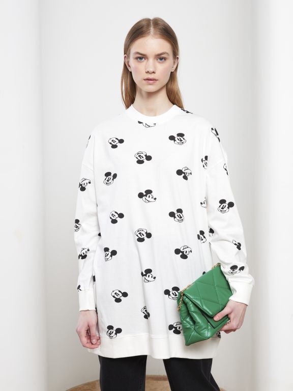 Crew Neck Mickey Mouse Printed Long Sleeve Oversize Cotton Women's Tunic