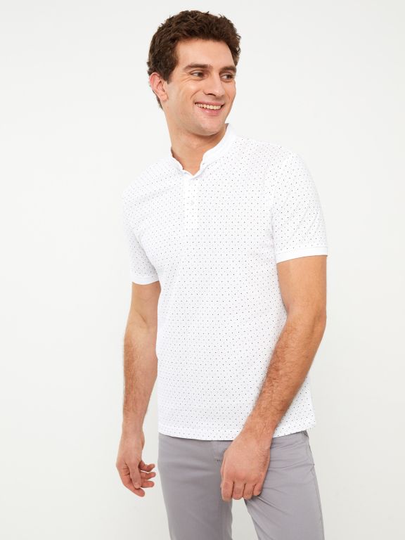 Grandad Collar Short Sleeve Patterned Piqué Men's T-Shirt