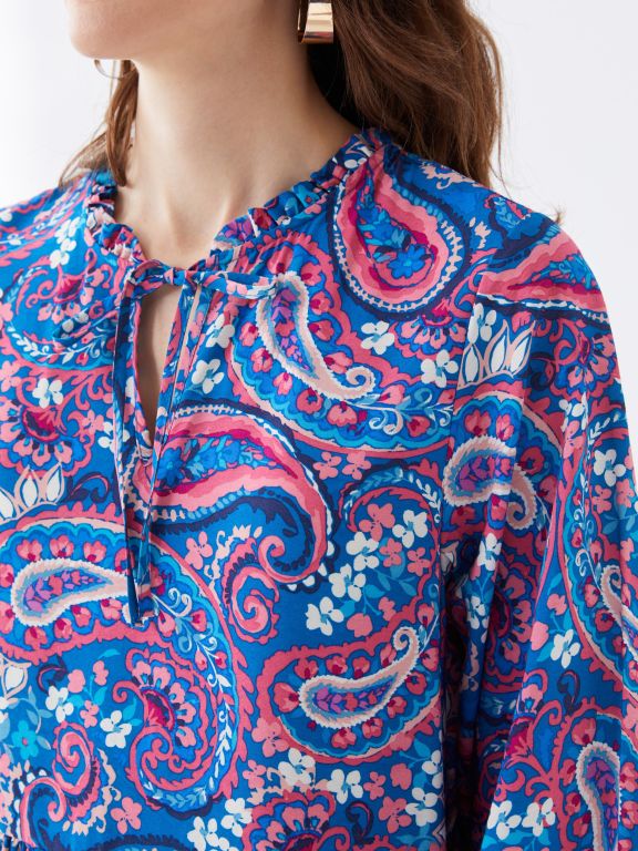 Tie Collar Patterned Long Sleeve Women's Shirt Dress