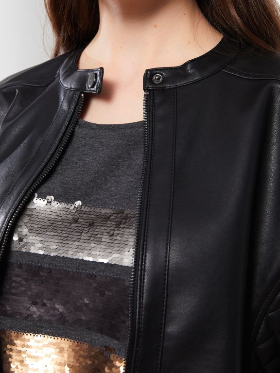 Crew Neck Regular Long Sleeve Women's Faux Leather Jacket