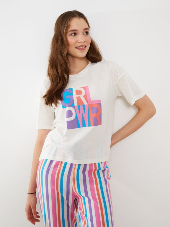 Crew Neck Printed Short Sleeve Women's Pajama Set