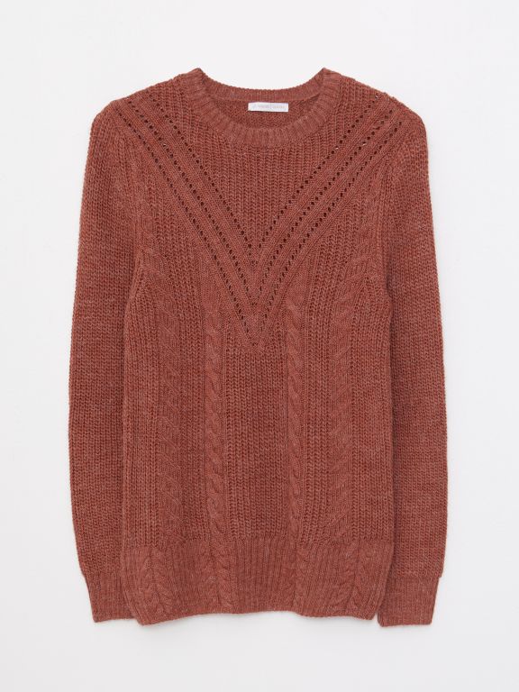 Crew Neck Self Patterned Long Sleeve Women's Tricot Sweater