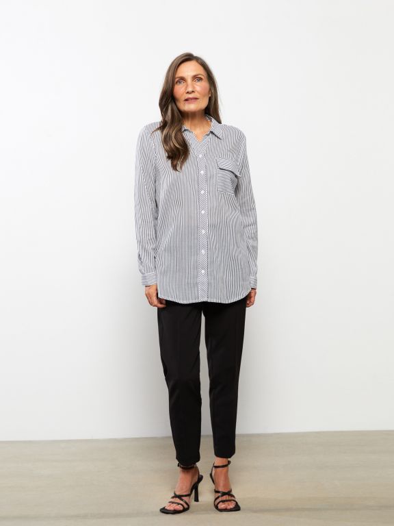 Striped Shirt Collar Long Sleeve Cotton Women's Tunic