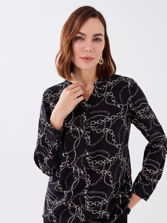 Henley Neckline Patterned Long Sleeve Women's Blouse