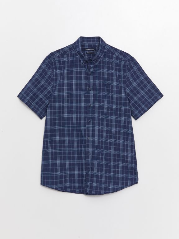 Regular Fit Short Sleeve Plaid Poplin Men's Shirt