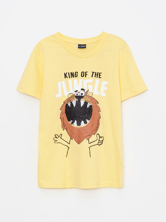 Crew Neck Printed Double Sided Sequined Short Sleeve Cotton Boy T-Shirt