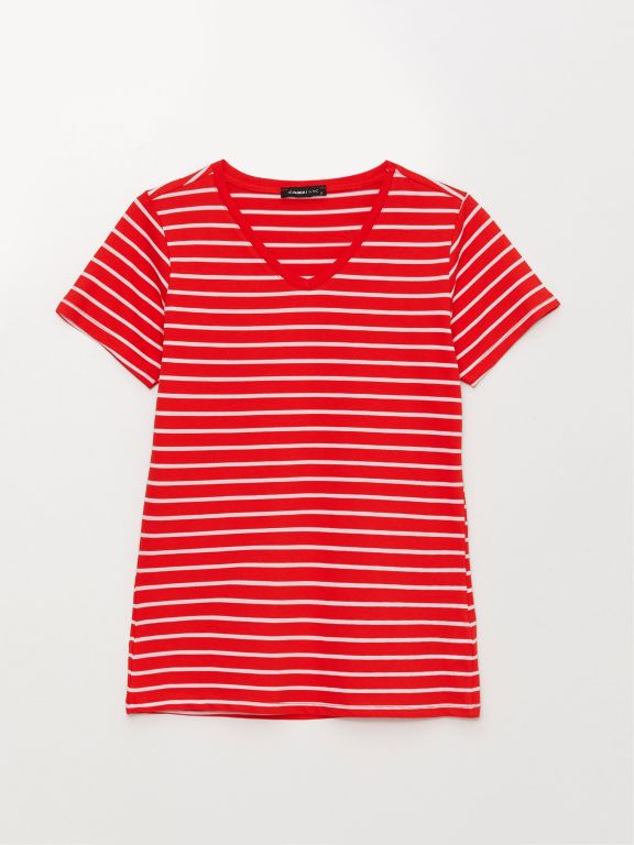 V Neck Striped Short Sleeve Women T-Shirt