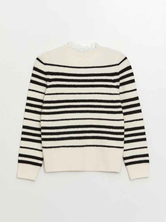 Crew Neck Striped Long Sleeve Women's Tricot Sweater