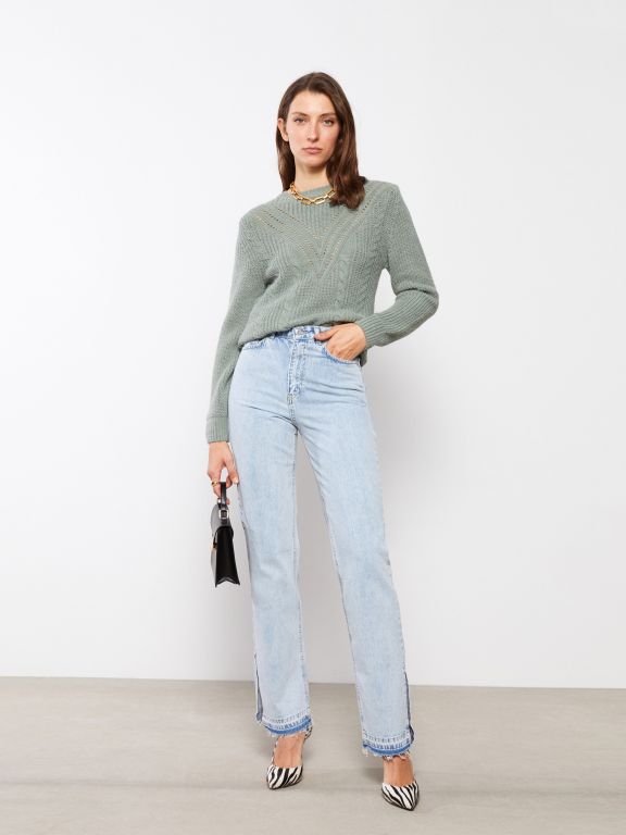 Crew Neck Self Patterned Long Sleeve Women's Tricot Sweater