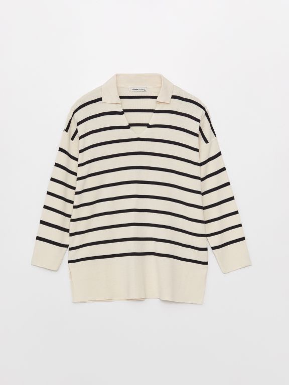 Polo Neck Striped Long-Sleeve Oversized Women's Knitwear Sweater