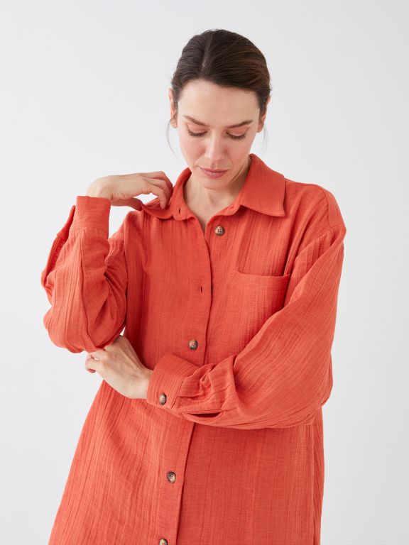 Shirt Collar Straight Long Sleeve Oversize Muslin Women's Tunic