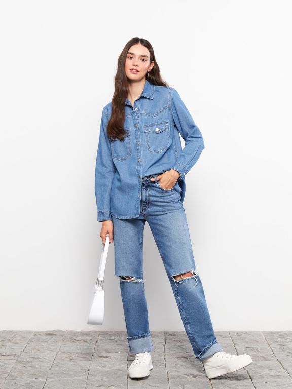 Front Button Closure Straight Long Sleeve Women's Jean Shirt