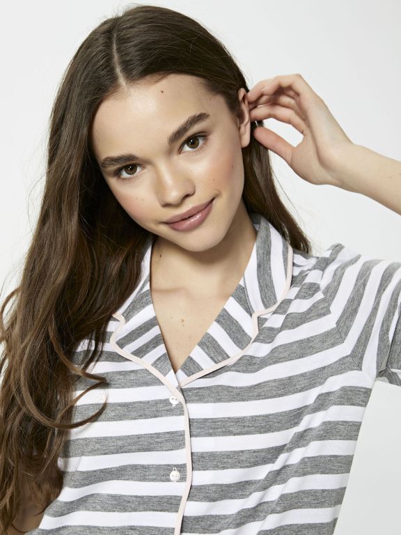 Shirt Collar Striped Short Sleeve Women's Pajamas Set