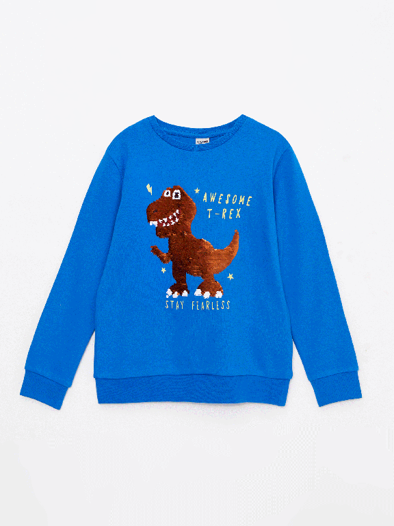 Crew Neck Printed Reversible Sequined Long Sleeve Boy T-Shirt