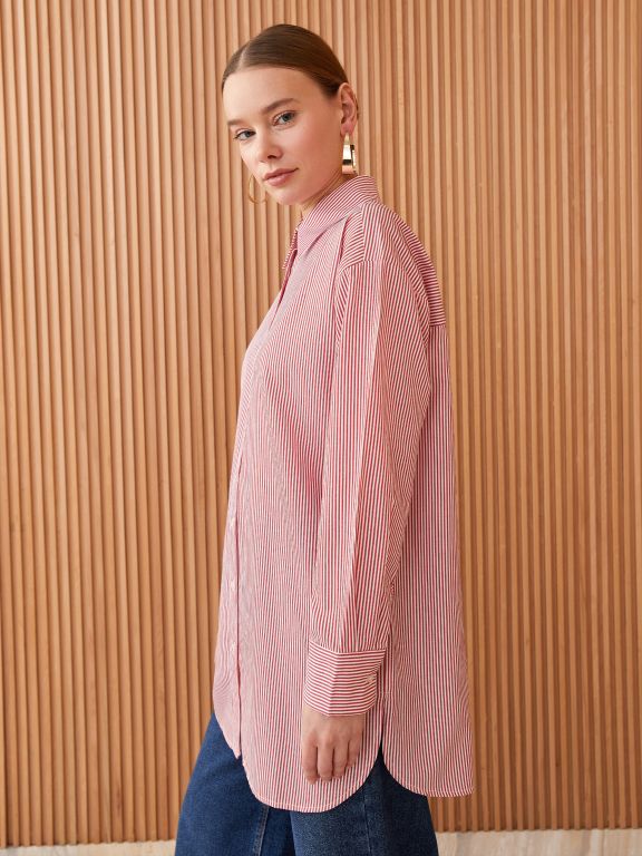 Shirt Collar Striped Long Sleeve Poplin Women's Tunic