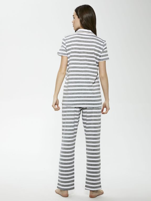 Shirt Collar Striped Short Sleeve Women's Pajamas Set
