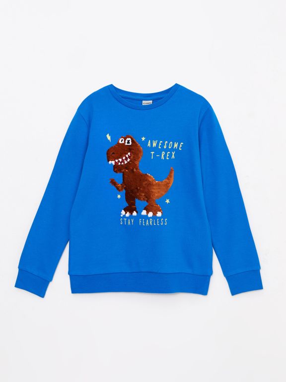 Crew Neck Printed Reversible Sequined Long Sleeve Boy T-Shirt