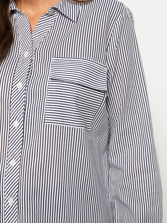 Striped Shirt Collar Long Sleeve Cotton Women's Tunic
