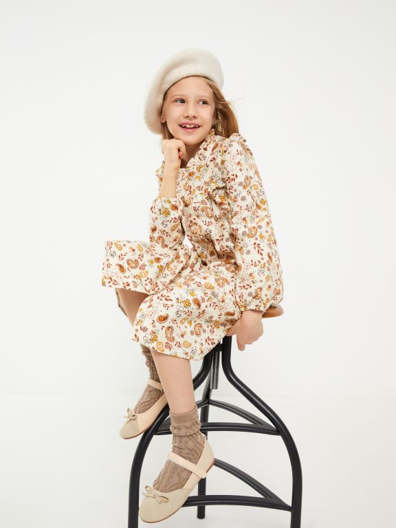 Crew Neck Patterned Long Sleeve Gabardine Girl Dress
