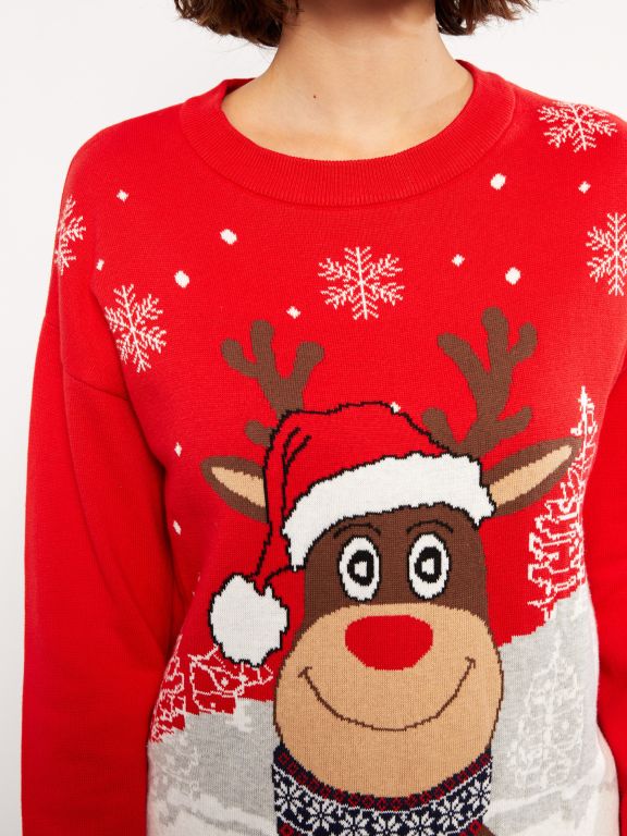 Crew Neck Printed Long Sleeve Women's Tricot Sweater