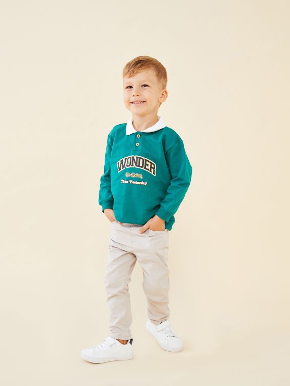 Polo Collar Long Sleeved Printed Baby Boy T-Shirt and Pants 2-Pack Set
