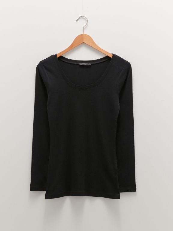 Women's U-Neck Plain Long Sleeve Cotton T-Shirt