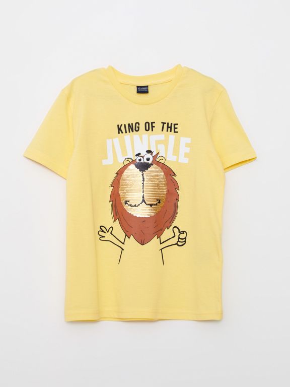 Crew Neck Printed Double Sided Sequined Short Sleeve Cotton Boy T-Shirt