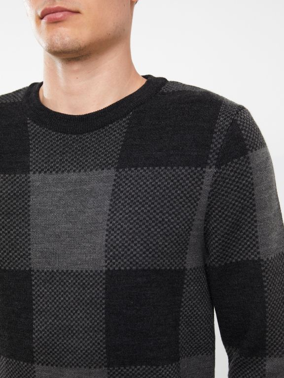 Crew Neck Long Sleeve Plaid Men's Tricot Sweater