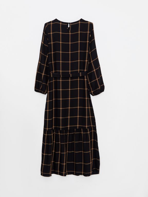 Crew Neck Plaid Long Sleeve Gabardine Women Shirt Dress
