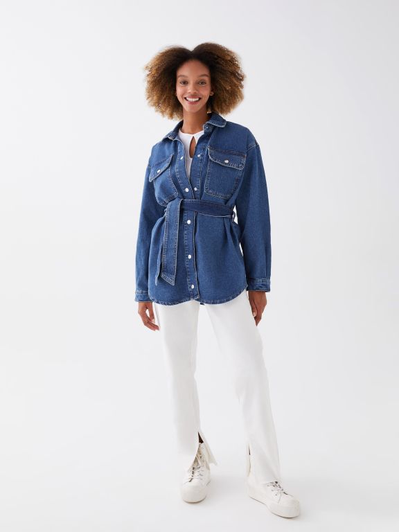 Shirt Collar Straight Long Sleeve Oversize Women's Jean Jacket