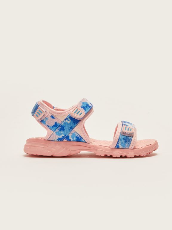 Double Band Patterned Hook and Loop Girls' Sandals
