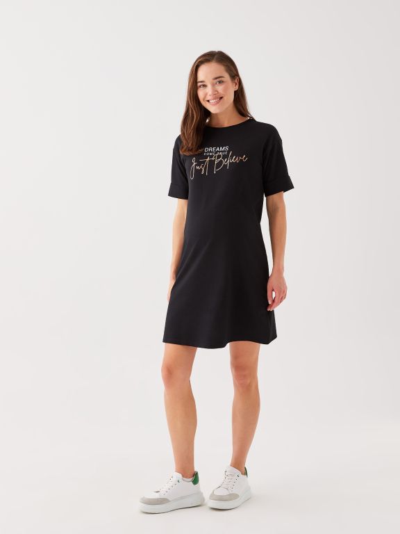 Crew Neck Printed Short Sleeve Maternity Dress