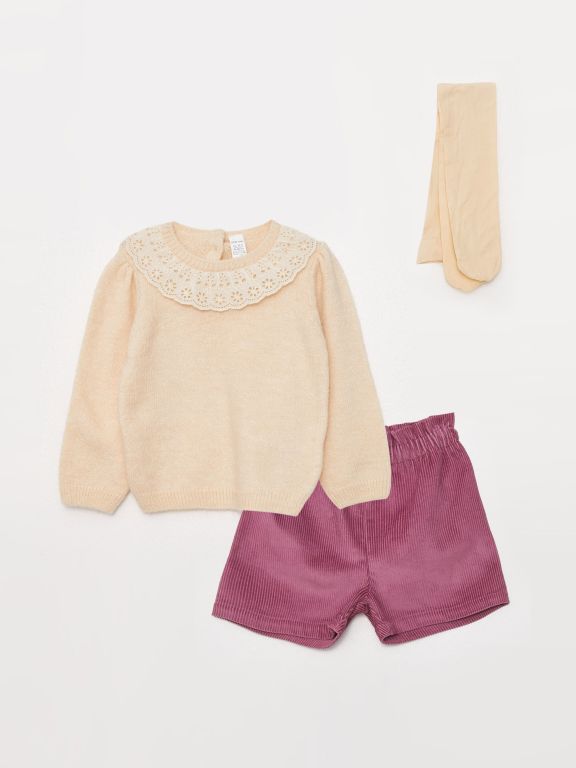 Crew Neck Long Sleeve Lace Detailed Baby Girl 3-Piece Set