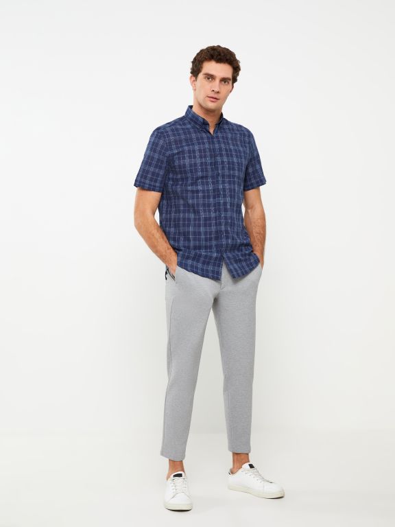 Regular Fit Short Sleeve Plaid Poplin Men's Shirt
